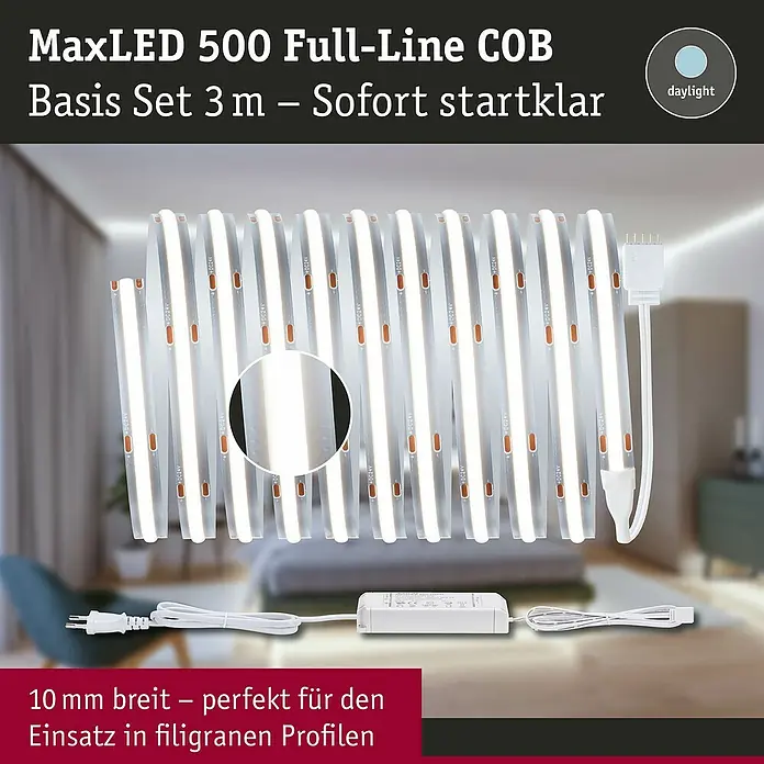 Paulmann MaxLED 500 Verlängerungs-Set Full-Line COB - 3 m, 21 W, Tageslichtweiß, 1.800 lm - MaxLED 500 Full-Line COB Basis Set: 3m Tageslicht-LED-Streifen-Kit, 10mm breit, inkl. Netzteil und Kabeln, ideal für schmale Profile, sofort startklar.