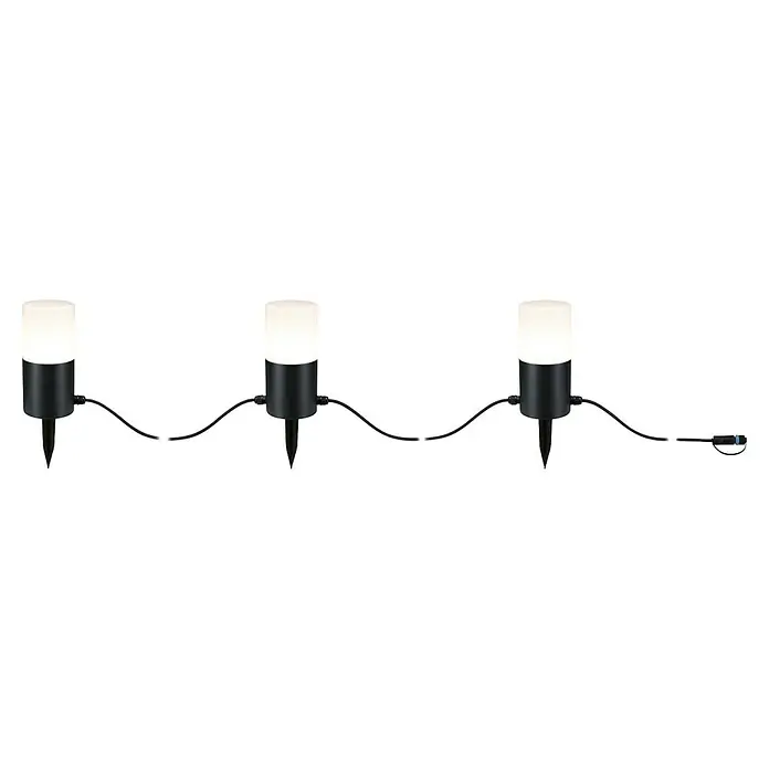 Paulmann Plug & Shine Guirnalda luminosa LED Tubs - Para exterior, Color de luz: Blanco cálido, Número de bombillas: 3 ud. - Imagen de una fila de tres luces de jardín de diseño moderno que crean un ambiente cálido y acogedor en el área exterior.