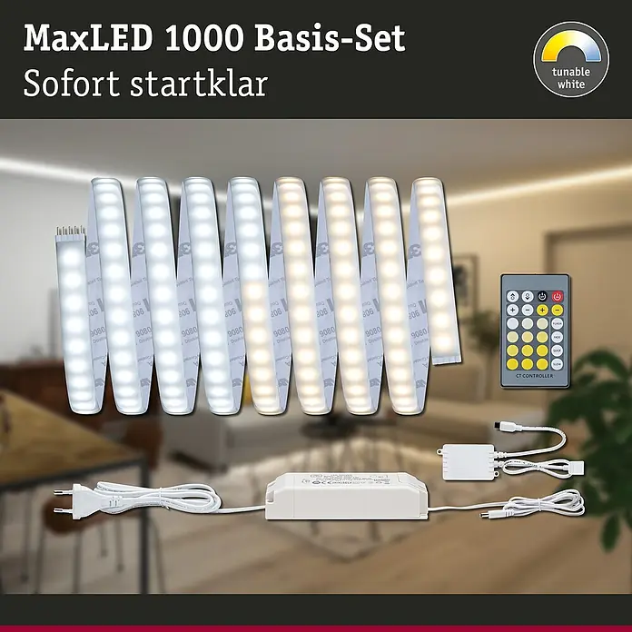 Paulmann MaxLED 1.000 LED-Band Basisset beschichtet - 300 cm, Mehrfarbig, 38 W, 3.060 lm - Das MaxLED 1000 Basis-Set "Sofort startklar" mit tunable white Funktion umfasst LED-Streifen, Netzteil und eine Fernbedienung zur Steuerung.