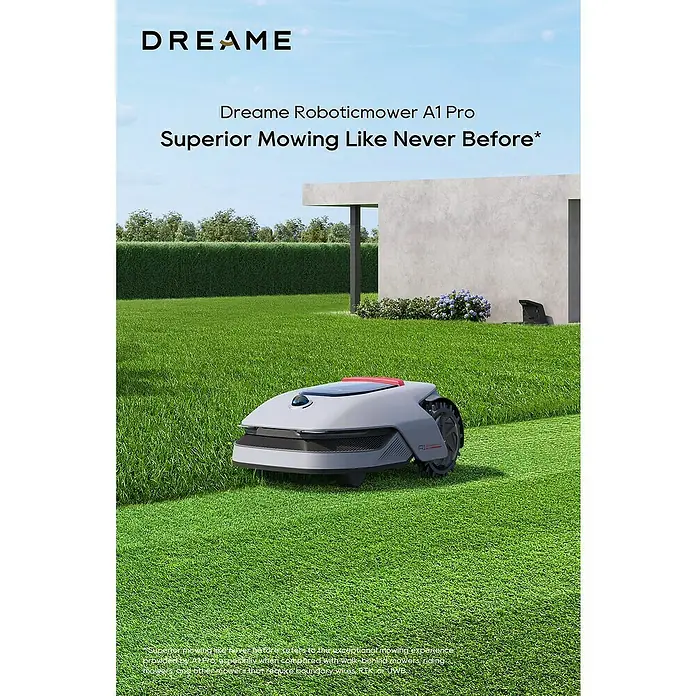 Dreame Robot cortacésped A1 Pro - 2.000 m², Ancho de corte: 22 cm, Navegación por láser, LiDAR - Robot cortacésped Dreame A1 Pro gris con detalles negros y rojos, cortando, dejando un camino limpio.