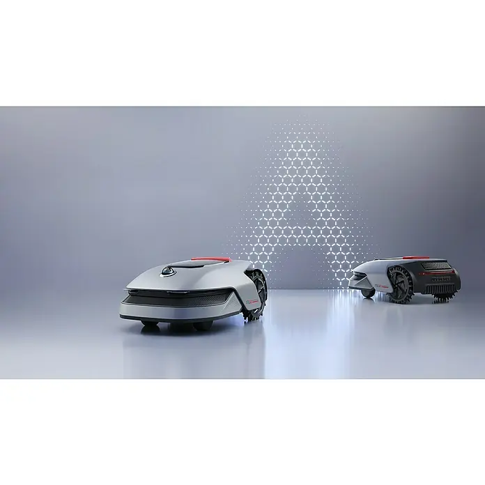 Dreame Robot cortacésped A1 Pro - 2.000 m², Ancho de corte: 22 cm, Navegación por láser, LiDAR - Dos elegantes robots cortacésped plateados con detalles rojos y grandes ruedas de tracción.