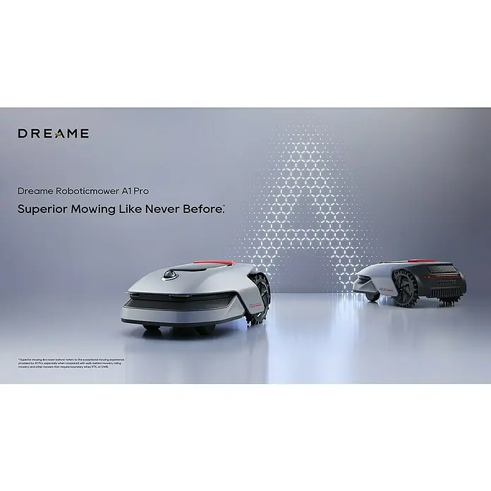 Dreame Robot cortacésped A1 Pro - 2.000 m², Ancho de corte: 22 cm, Navegación por láser, LiDAR - Dos elegantes unidades Dreame Roboticmower A1 Pro, gris plata con detalles negros y rojos, listas para el cuidado automático del césped.