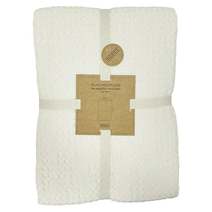 Manta para sofá Multiusos Waffle - Textil, Natural - Manta multiusos de algodón reciclado, de 220 x 250 cm, con un estampado texturizado y una correa neutra alrededor para facilitar el almacenamiento.