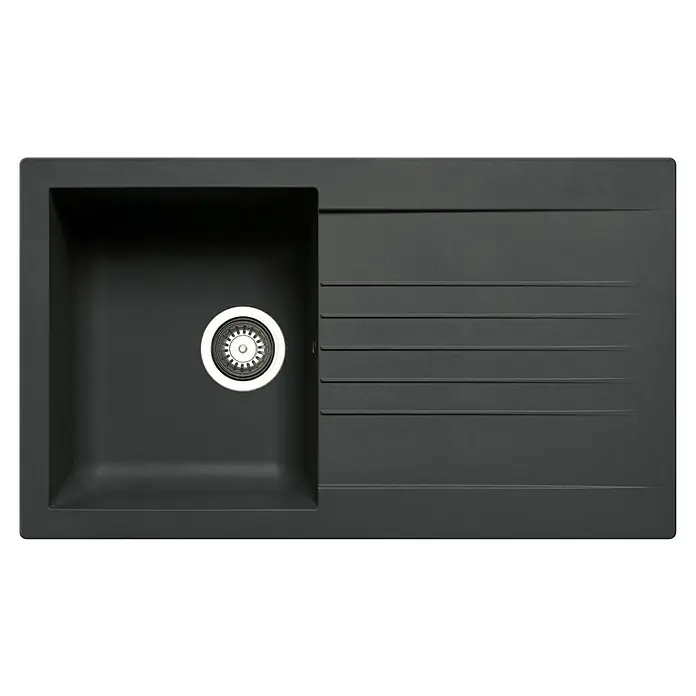 Pyramis Einbauspüle Siroko - B x L: 86 x 50 cm, Innenbreite Becken 1: 35 cm, Schwarz - Dunkelgraue Küchenspüle mit einem Becken, Chromablauf und integrierter Abtropffläche.