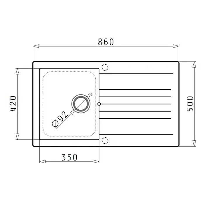 Pyramis Einbauspüle Siroko - B x L: 86 x 50 cm, Innenbreite Becken 1: 35 cm, Beige - Technische Zeichnung einer rechteckigen Einbauspüle mit Abtropffläche, Maße 860x500 mm.