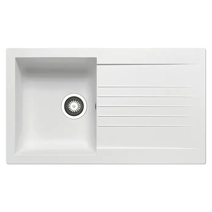 Pyramis Einbauspüle Siroko - B x L: 86 x 50 cm, Innenbreite Becken 1: 35 cm, Weiß - Weiße Granitspüle mit Einzelbecken, Metallablauf und integrierter Rillenabtropffläche.