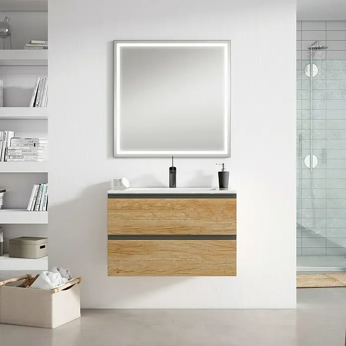 Mueble bajo de lavabo Andrea Suspendido - L x An x Al: 45 x 80 x 50 cm, Nebraska natural - Conjunto de muebles de baño con mueble bajo lavabo efecto madera, espejo LED, lavabo sobre encimera y grifo, creando un ambiente moderno.