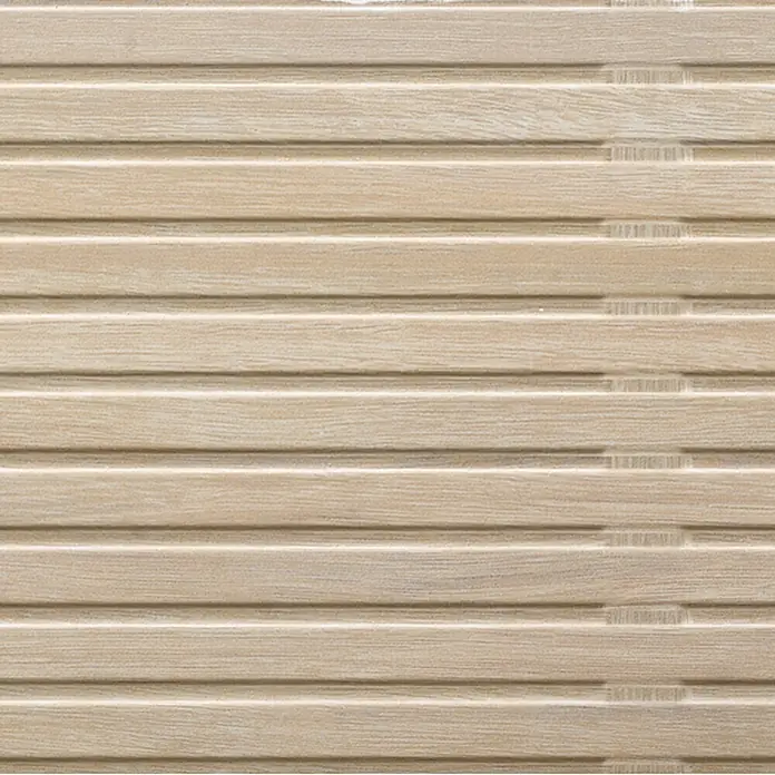 Wandfliese Spa Beige Dekor - 30 x 90 cm, Beige, Matt - Nahaufnahme einer beigen Wandfliese mit horizontalen Rillen und einer dezenten Holzstruktur, ideal für moderne Innenräume.