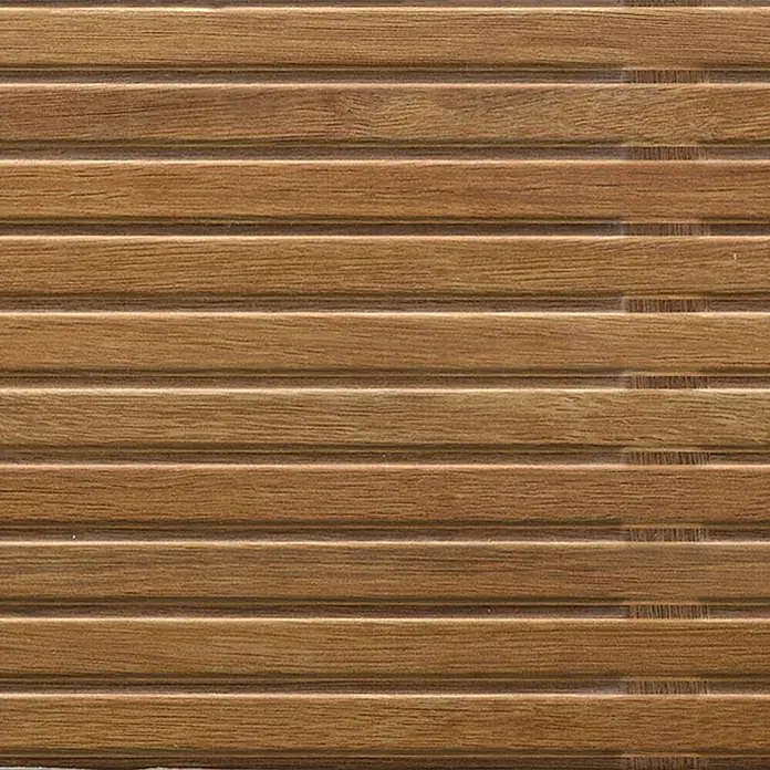 Wandfliese Spa Cuero Dekor - 30 x 90 cm, Braun, Matt - Nahaufnahme einer Wandverkleidung mit horizontal verlaufenden, braunen Holzpaneelen und feinen Zwischenräumen für eine natürliche Optik.