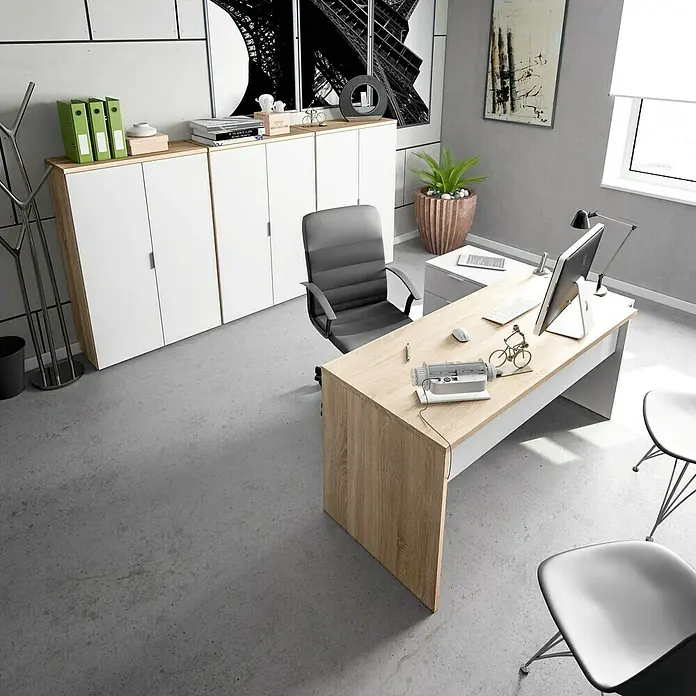 Armario multiusos de madera Office - L x An x Al: 32,5 x 80 x 119 cm, Roble Canadian/Blanco Artik - Oficina con escritorio, silla de oficina, archivador y planta de interior. Diseño luminoso y mobiliario moderno para un ambiente agradable.