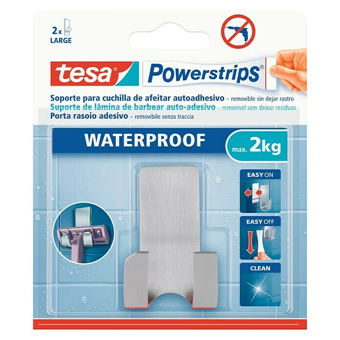 Tesa Powerstrips Waterproof Colgador adhesivo RH (Acero inoxidable, Plateado)