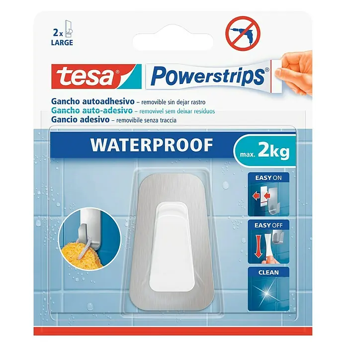 Tesa Powerstrips Waterproof Colgador adhesivo L - Acero inoxidable, Plateado/Blanco - Gancho impermeable Tesa Powerstrips soporta hasta 2 kg, ideal para baño y cocina. Fácil de aplicar y quitar sin dejar rastro.