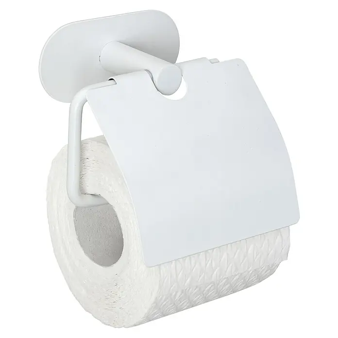 Wenko Orea Portarrollos papel higiénico - Con tapa, Blanco - Primer plano de un portarrollos de papel higiénico blanco con un rollo de papel, destacando su funcionalidad y diseño minimalista.