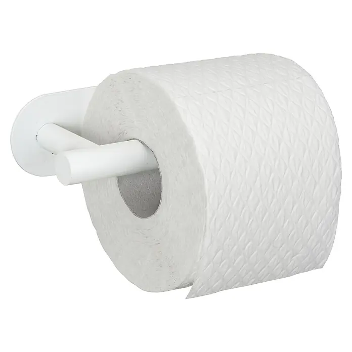 Wenko Orea Portarrollos papel higiénico - Sin tapa, Blanco - Primer plano de un rollo de papel higiénico blanco en un soporte, destacando la textura y el aspecto suave del papel.