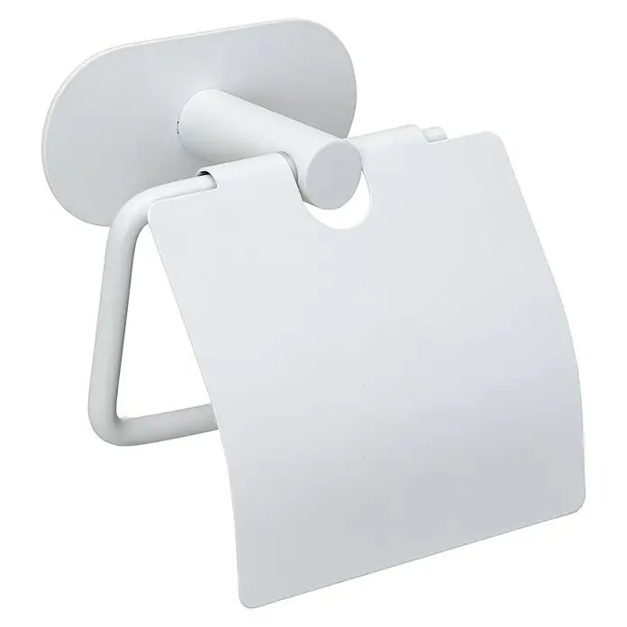 Wenko Orea Portarrollos papel higiénico - Con tapa, Blanco - Primer plano de un portarrollos de papel higiénico blanco con diseño minimalista y acabado liso, ideal para baños modernos.
