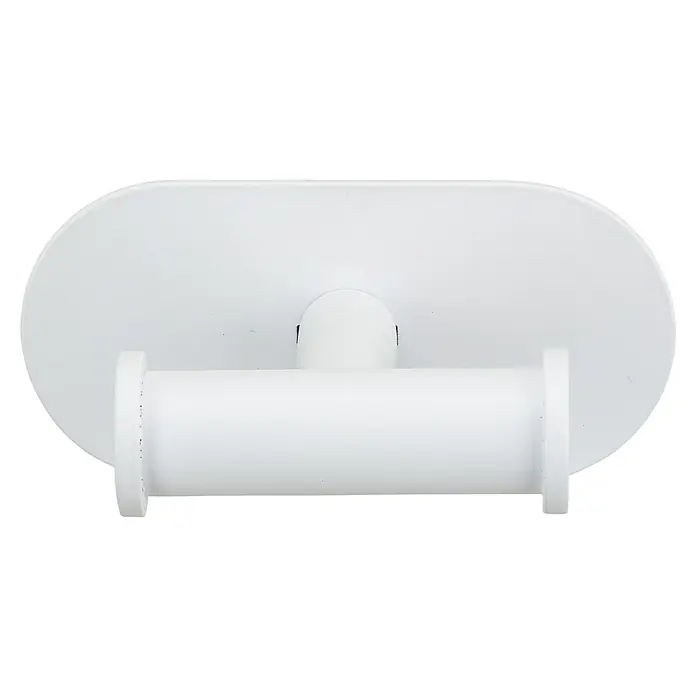 Wenko Orea Colgador de baño - Blanco - Un primer plano de un portarrollos de papel higiénico blanco. El producto presenta un diseño moderno con una base oblonga y un soporte redondo.