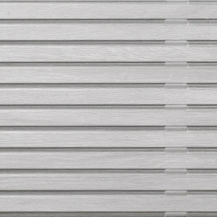 Wandfliese Spa Perla Dekor - 30 x 90 cm, Grau, Matt - Nahaufnahme einer Fassade mit horizontal verlaufendem, weißem Holzpaneel, das eine natürliche und einheitliche Optik bietet.