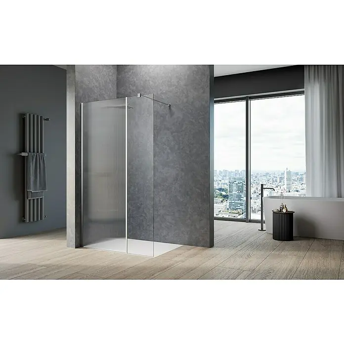 Camargue Meran Mix & Match Duschwand W2 - B x H: 20 x 200 cm, Beschichtet, Wave - Ein elegantes Badezimmer mit einer modernen Duschkabine mit klarem Glas und einem stilvollen Handtuchwärmer. Die Kabine bietet eine komfortable Duschumgebung.