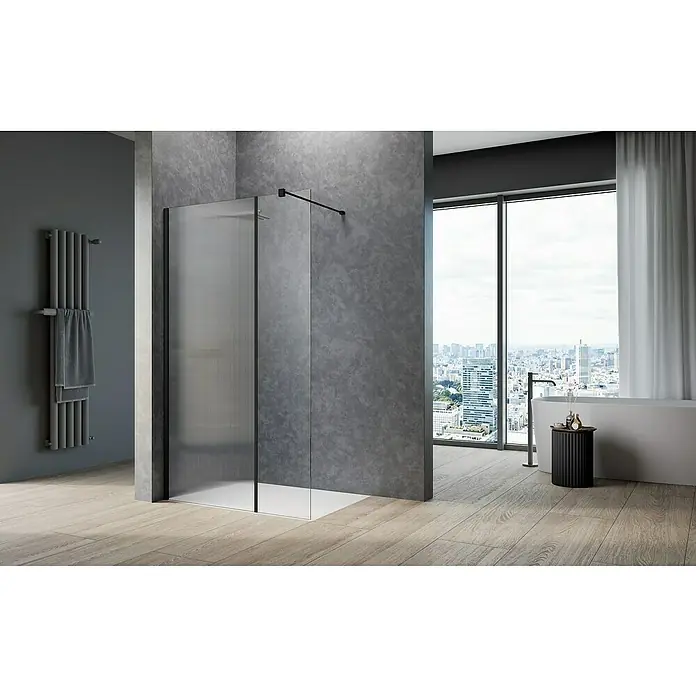 Camargue Meran Mix & Match Duschwand W2 - B x H: 20 x 200 cm, Beschichtet, Wave - Elegantes Badezimmer mit einer modernen Duschkabine mit klaren Linien und einem stilvollen Handtuchwärmer, der Komfort und Design vereint.