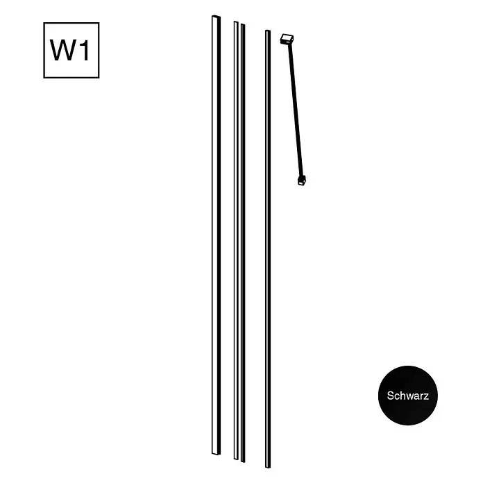 Camargue Meran Mix & Match Beschlag-Set W1 - Höhe: 200 cm, Schwarz - Produktabbildung von schwarzen Leisten und einem Verbindungsstück, gekennzeichnet mit "W1" und "Schwarz", die für Möbel oder Konstruktionen verwendet werden können.