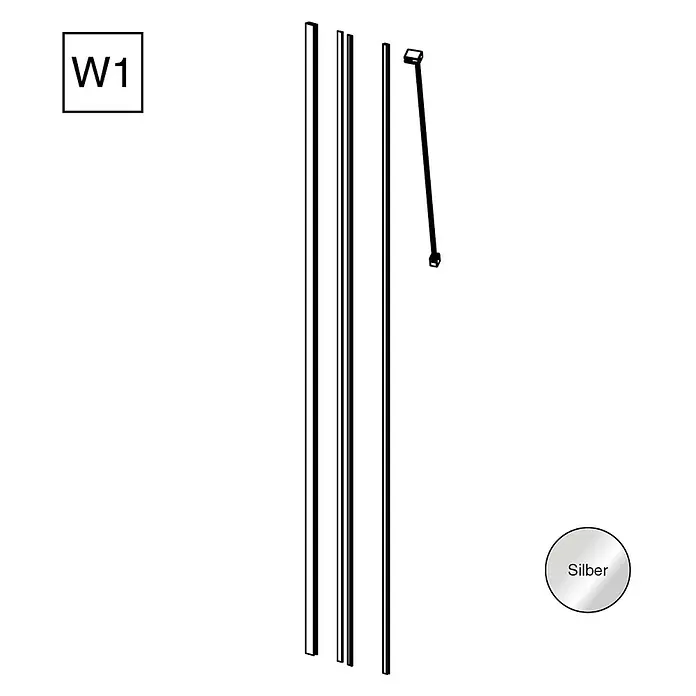 Camargue Meran Mix & Match Beschlag-Set W1 - Höhe: 200 cm, Silber - Abbildung des Duschkabinen-Profilsets W1 in Silber, bestehend aus mehreren Profilen und einer Stange für die Stabilisierung.