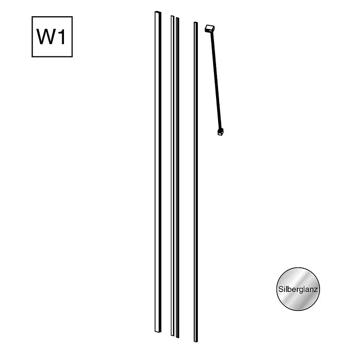 Camargue Meran Mix & Match Beschlag-Set W1 - Höhe: 200 cm, Silberglanz - Abbildung von Duschtrennwandprofilen und einem Zubehörteil in Silberglanz.