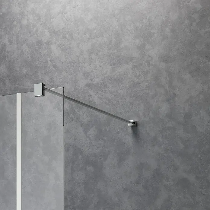 Camargue Meran Mix & Match Duschwand - B x H: 100 x 200 cm, Beschichtet, Silber, Ausführungseigenschaft: B: 570mm Satiniertes Glas + B: 400mm Satiniertes Glas - Duschabtrennung mit Halterung: Moderne Duschkabine mit silberner Halterung an grauer Wand für mehr Stabilität und stilvolles Design.