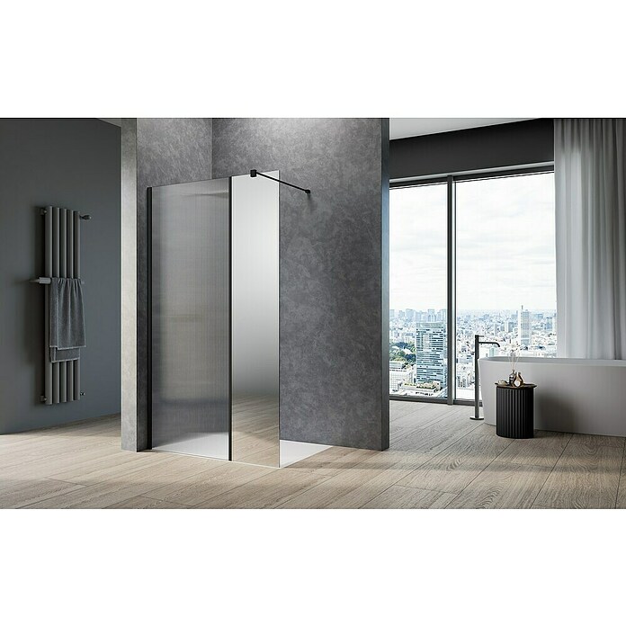 Camargue Meran Mix & Match Duschwand (B x H: 100 x 200 cm, Beschichtet, Schwarz, B: 400mm Spiegelglas + B: 570mm Wellenglas) | BAUHAUS