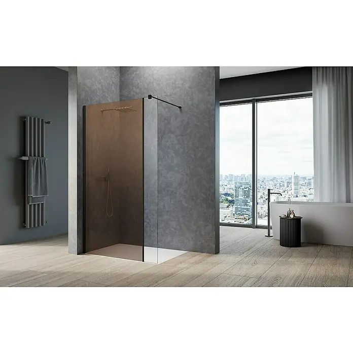 Camargue Meran Mix & Match Duschwand W2 - B x H: 40 x 200 cm, Beschichtet, Bronze - Dunkel getönte Duschkabine mit schlankem, schwarzem Rahmen, minimalistischem Design und luxuriöser Badezimmerausstattung.