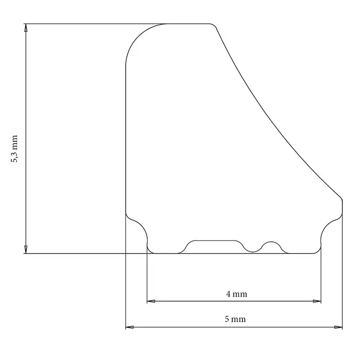 Camargue Wasserabweisprofil - Aluminium, Schwarz - Querschnitt eines 5,3x5mm unregelmäßigen Profils mit diagonaler Oberseite und gewellter Basis, typisch für Dichtungen.