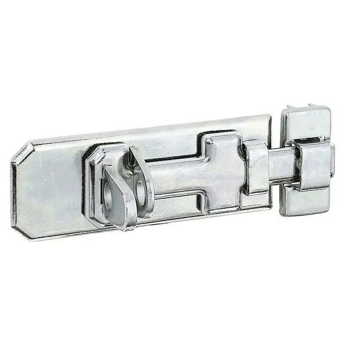 Stabilit Pestillo - L x An: 100 x 40 mm, Zincado - Primer plano de un cerrojo de cañón plateado. El producto es de metal y se utiliza para asegurar puertas o ventanas.