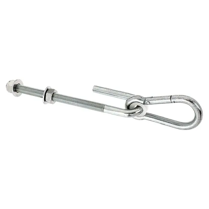 Stabilit Sujeción para columpios - Largo: 200 mm, Carga soportada: 70 kg - Perno roscado metálico galvanizado con tuercas y arandelas, conectado a un conjunto de gancho metálico, para colgar o fijar.