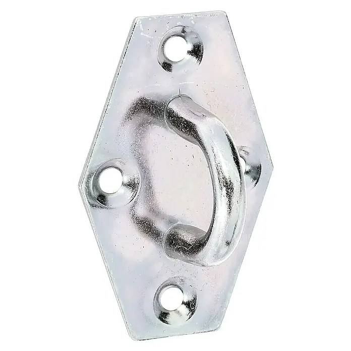 Stabilit Placa con ojal - An x L: 41 x 64 mm, Distancia desde mandril hasta placa: 23 mm - Placa de ojo de metal plateado en forma de rombo con gancho de argolla y cuatro orificios para tornillos.
