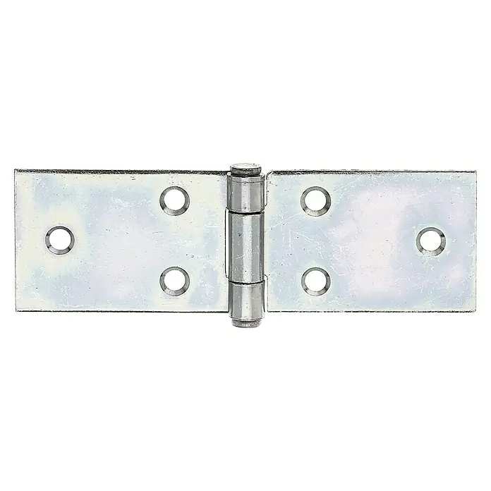 Stabilit Bisagra - L x An: 32 x 100 mm, Acero, Zincado - Primer plano de una bisagra de puerta robusta de color plateado con cuatro orificios para tornillos en cada lado, ideal para proyectos de bricolaje.
