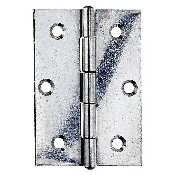 Stabilit Bisagra - L x An: 80 x 58 mm, Acero inoxidable - Primer plano de una bisagra de puerta brillante, con los agujeros de los tornillos visibles y el pasador central.
