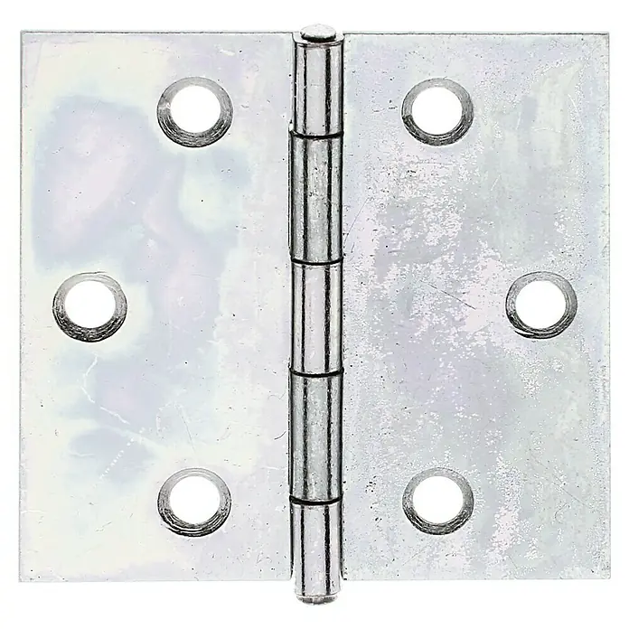Alberts Bisagra - L x An: 51 x 51,2 mm, Acero, Zincado - Primer plano de una bisagra de puerta plateada con orificios para tornillos, que promete robustez y funcionalidad para puertas.