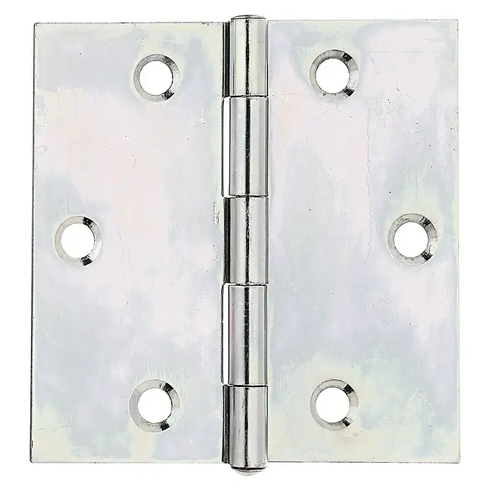 Alberts Bisagra - L x An: 70 x 70 mm, Acero, Zincado - Una bisagra de puerta brillante que muestra hojas cuadradas y orificios para tornillos visibles. Perfecta para la instalación y fijación de puertas.