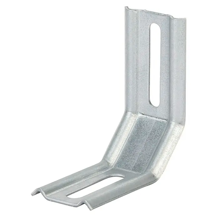 Alberts Escuadra regulable - L x An x Al: 70 x 30 x 72 mm, Zincado - Primer plano de un ángulo de fijación galvanizado con ranuras para el montaje. Ideal para conexiones estables en la construcción.