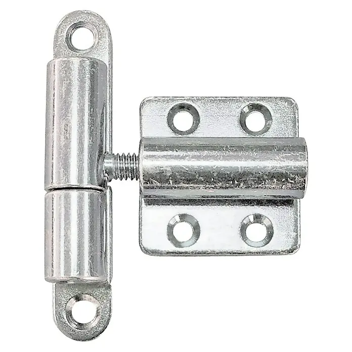 Alberts Bisagra - L x An: 83 x 65 mm, Acero, Zincado - Primer plano de una bisagra de puerta plateada. Esta bisagra de puerta de alta calidad garantiza una conexión estable y fiable entre puertas y marcos.