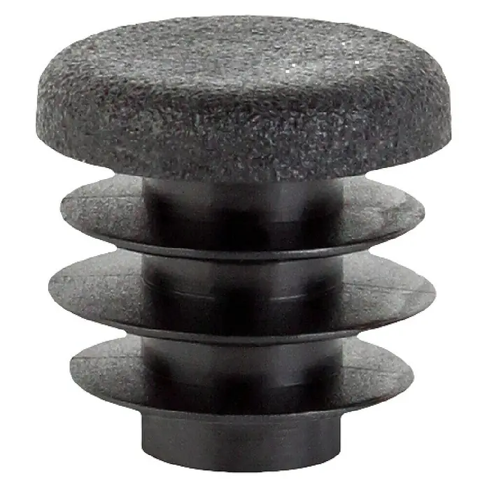 Alberts Tapón para tubo - Diámetro: 20 mm, Negro - Deslizador de mueble de plástico gris oscuro con parte superior redonda texturizada y nervaduras flexibles escalonadas para inserción segura.