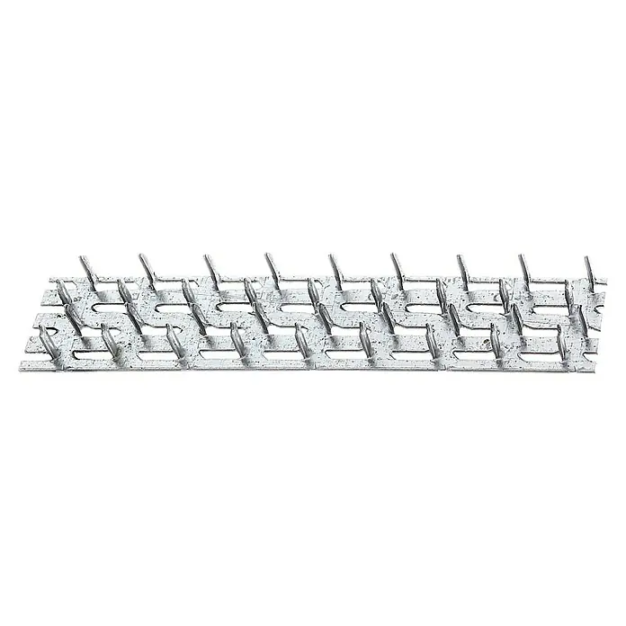 Alberts Pletina de ensamblaje - L x An: 127 x 38 mm, Zincado - Tira metálica plateada antipalomas con múltiples hileras de púas afiladas y disuasorias, apuntando hacia arriba.