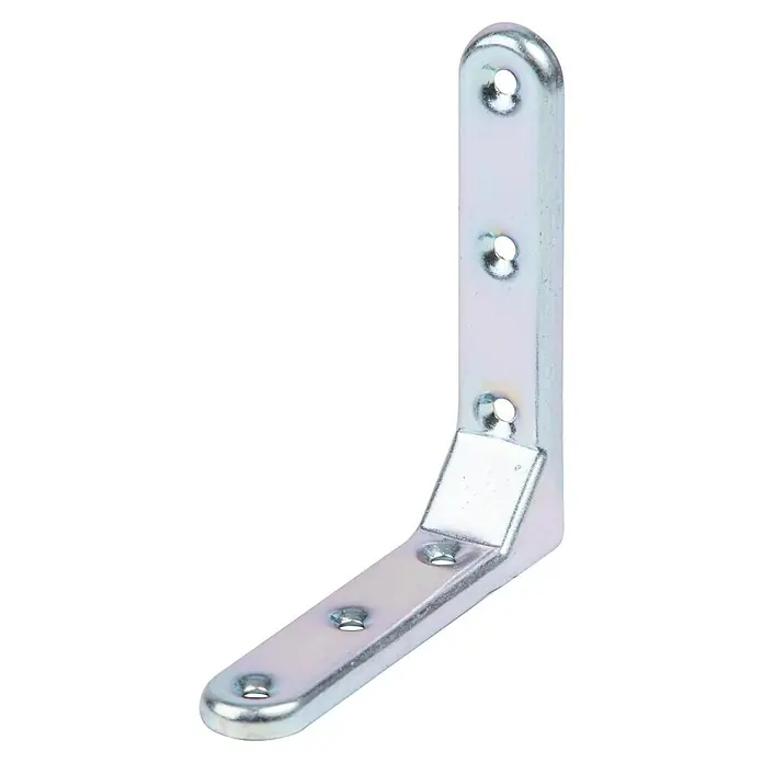 Stabilit Escuadra de silla - L x An: 103 x 103 mm, Acero, Zincado, Espesor: 21 mm - Primer plano de un angular de unión brillante y cincado con bordes redondeados y múltiples orificios de fijación.