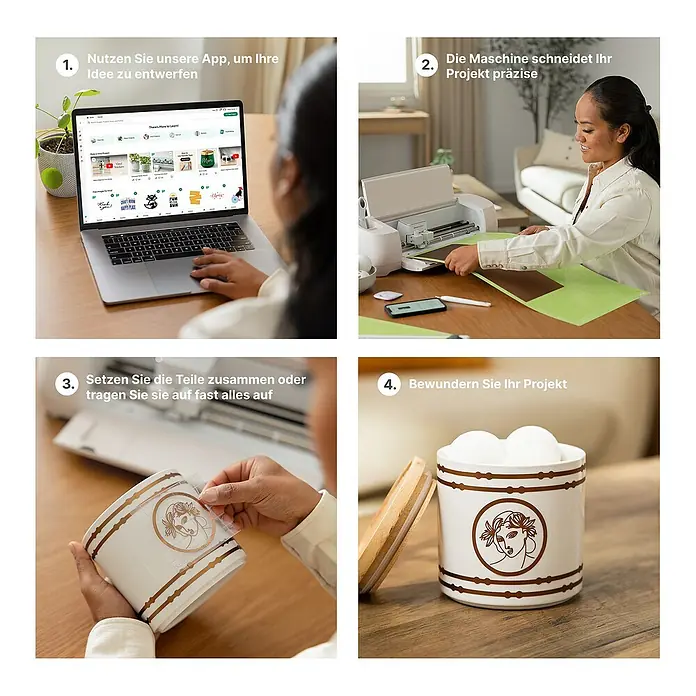 Cricut Maker Plotter de corte Maker 4 Essentials-Bundle - Gris/ Verde, Bluetooth, Ancho de corte: 29,7 cm, Longitud de corte: 3,6 m - Cuatro imágenes ilustran el proceso de una máquina de artesanía: diseño en portátil, corte de material, aplicación de vinilo y maceta de cerámica decorada.