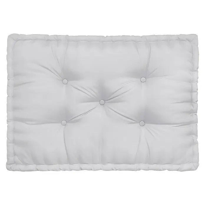 Cojín para asiento de palet water resist - Gris, L x An x Al: 80 x 60 x 10 cm, 100% poliéster - Primer plano de un cojín cuadrado blanco con botones, ideal para agregar comodidad a cualquier área de estar.