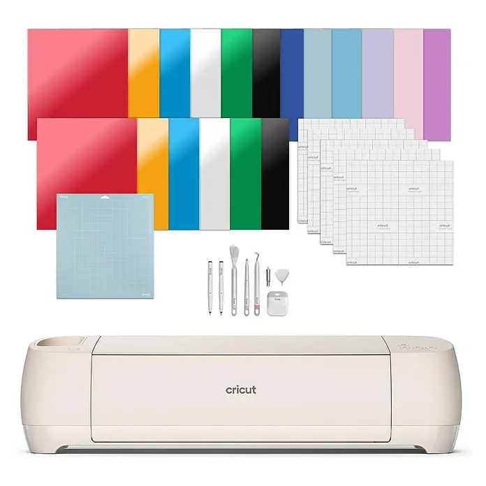 Cricut Maker Plotter de corte Maker 4 Essentials-Bundle - Gris/ Verde, Bluetooth, Ancho de corte: 29,7 cm, Longitud de corte: 3,6 m - Máquina de corte Cricut, tapete azul claro, vinilo de colores, cinta de transferencia y herramientas para proyectos DIY.