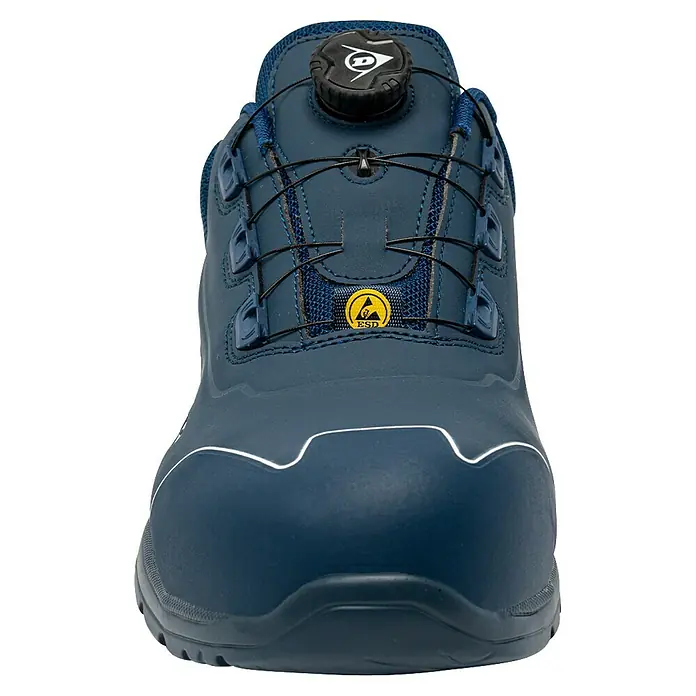 Dunlop Zapato bajo de seguridad Matt - 44, Clase de protección según EN ISO 20345: S3, Azul navy - Un zapato de seguridad azul con sistema de cierre giratorio y símbolo ESD, ideal para uso profesional.