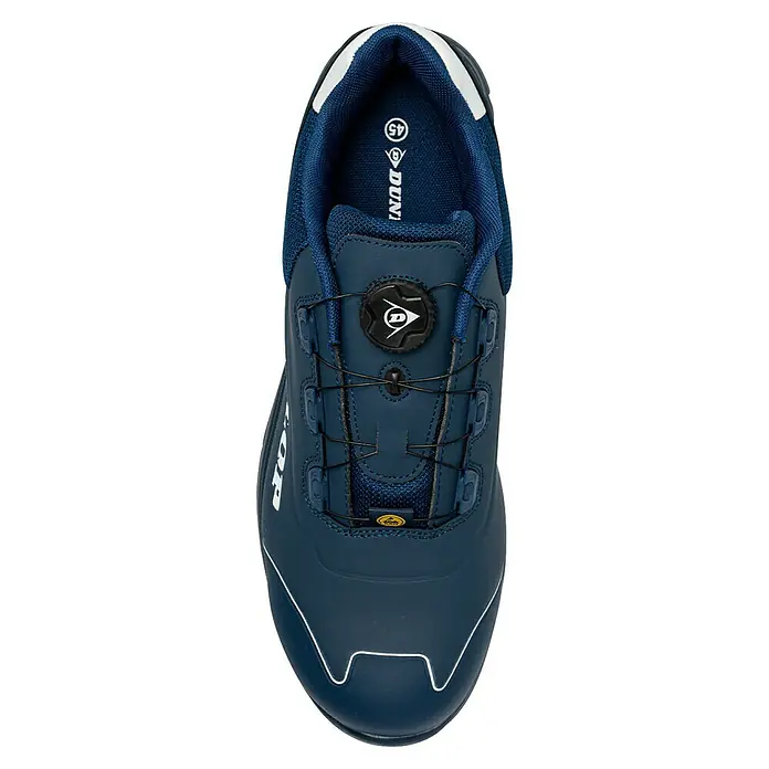 Dunlop Zapato bajo de seguridad Matt - 44, Clase de protección según EN ISO 20345: S3, Azul navy - Vista superior de un zapato de seguridad azul de Dunlop, con sistema de cordones y un detalle blanco en la puntera.