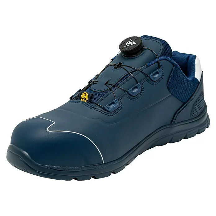 Dunlop Zapato bajo de seguridad Matt - 44, Clase de protección según EN ISO 20345: S3, Azul navy - Un único calzado de seguridad Dunlop azul marino, distinguido por su sistema de cordones BOA y puntera blanca.