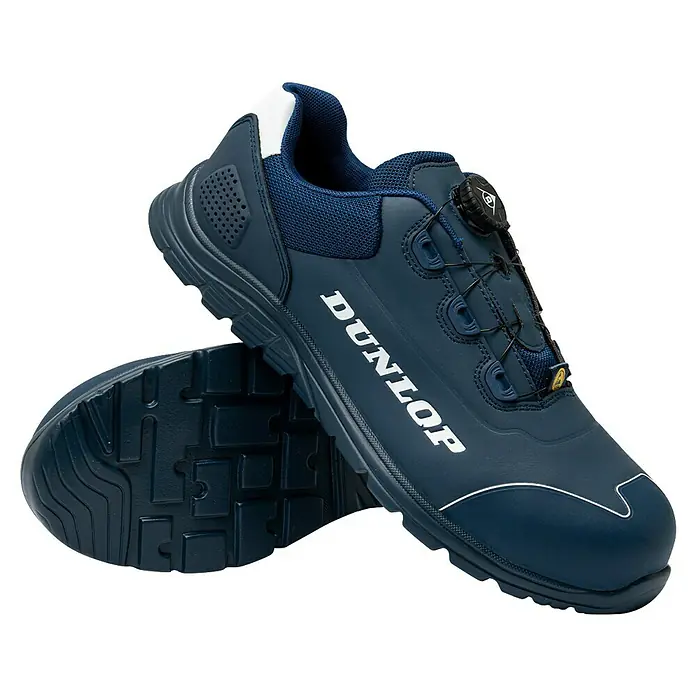 Dunlop Zapato bajo de seguridad Matt - 44, Clase de protección según EN ISO 20345: S3, Azul navy - Un par de zapatos de seguridad azules Dunlop, diseñados para la comodidad y la protección en el trabajo.