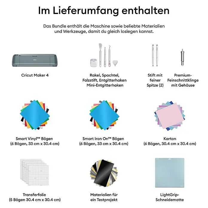 Cricut Maker Schneideplotter Maker 4 Essentials-Bundle - Salbei, Bluetooth, Schnittbreite: 29,7 cm, Schnittlänge: 3,6 m - Cricut Maker 4 Maschinenbundle mit Werkzeugen, Stiften, Klinge, Vinyl, Bügelfolie, Karton, Transferfolie und Schneidematte.